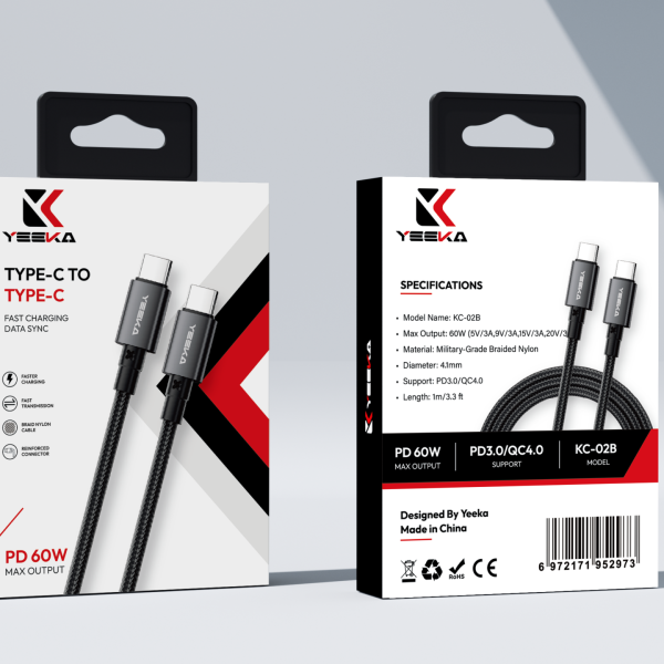 Black YEEKA USB-C to USB-C cable with retail packaging